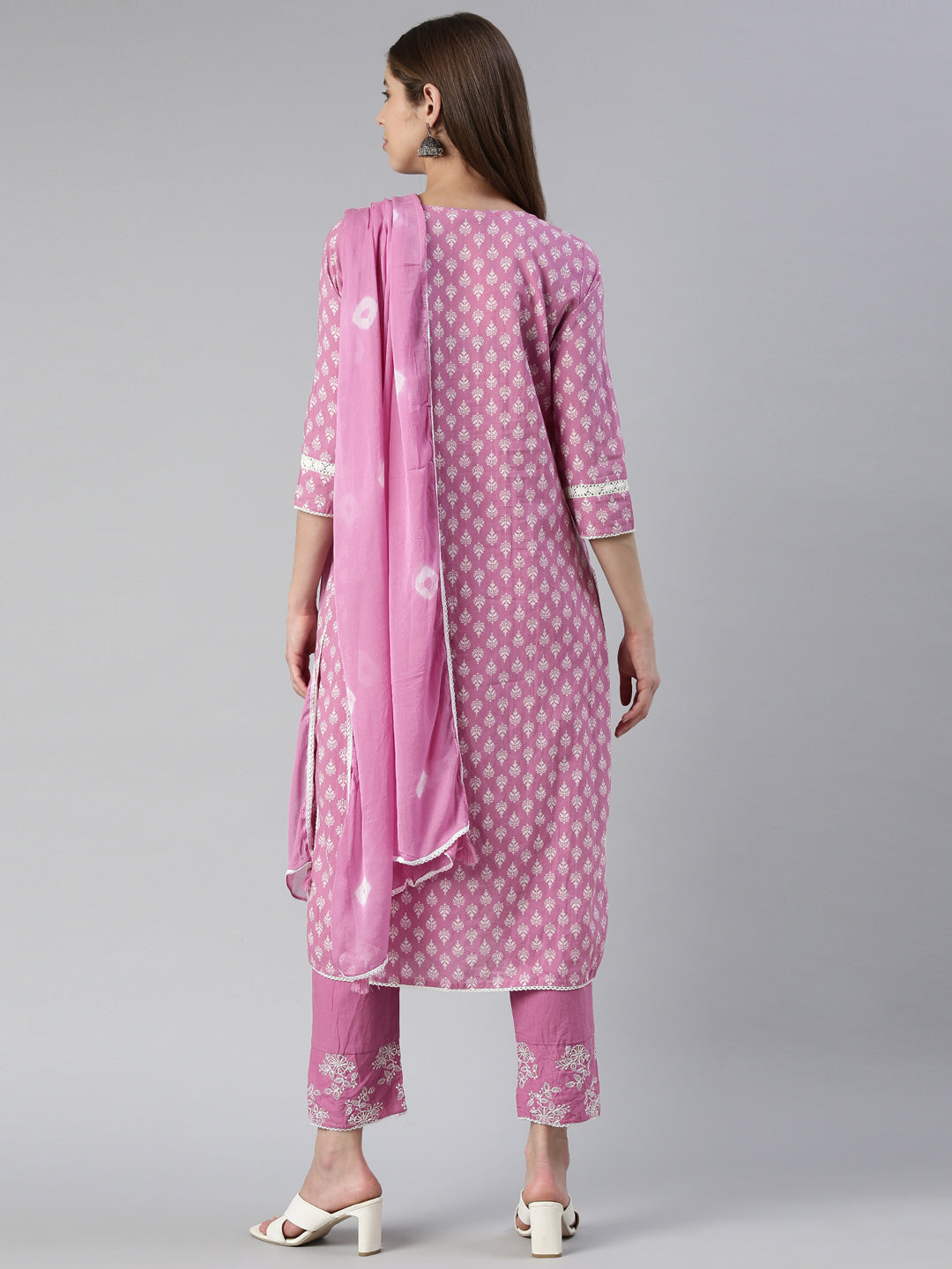 Neerus Purple embroidered kurta set with trouser and dupatta - side view