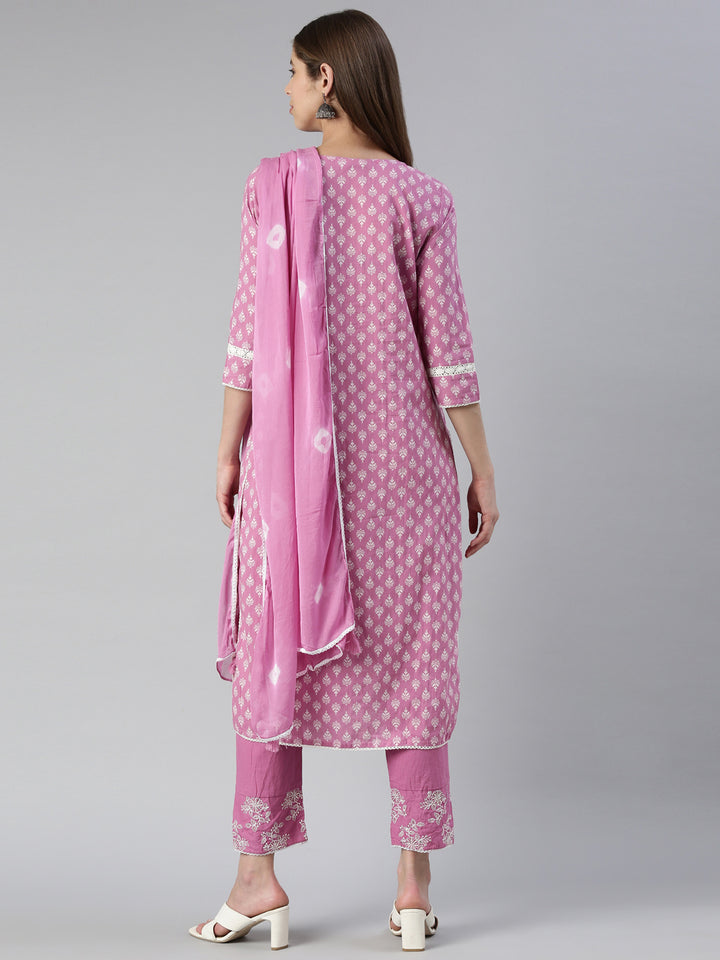 Neerus Purple embroidered kurta set with trouser and dupatta - side view