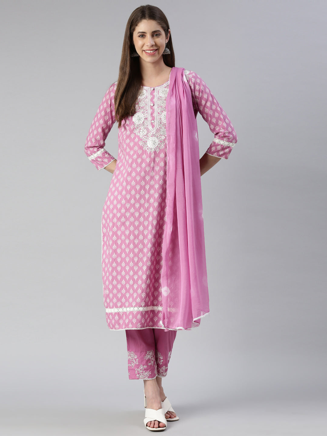 Neerus Women  Purple Embroidered Calf Length Kurta And Trousers With Dupatta