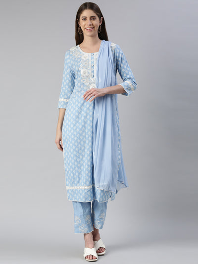 Neeru's Women Sky Blue Embroidered Calf Length Kurta And Trousers With Dupatta