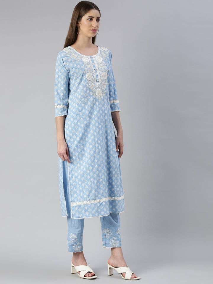 Neerus Blue embroidered kurta set with trouser and dupatta - back view