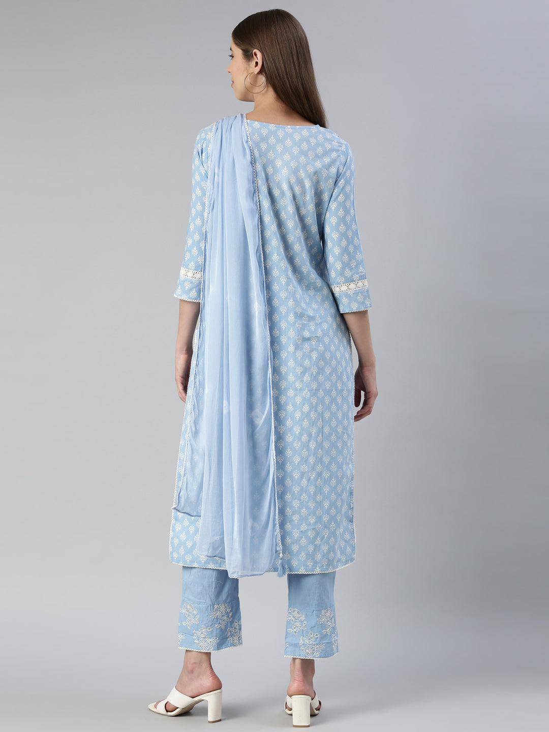 Neerus Blue embroidered kurta set with trouser and dupatta - side view