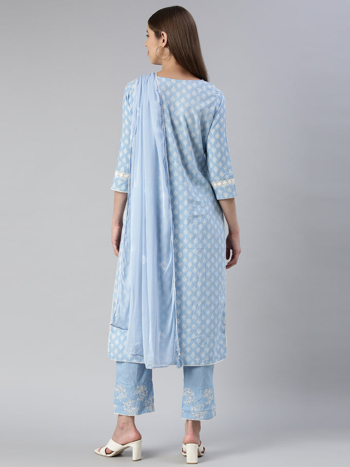 Neerus Blue embroidered kurta set with trouser and dupatta - side view