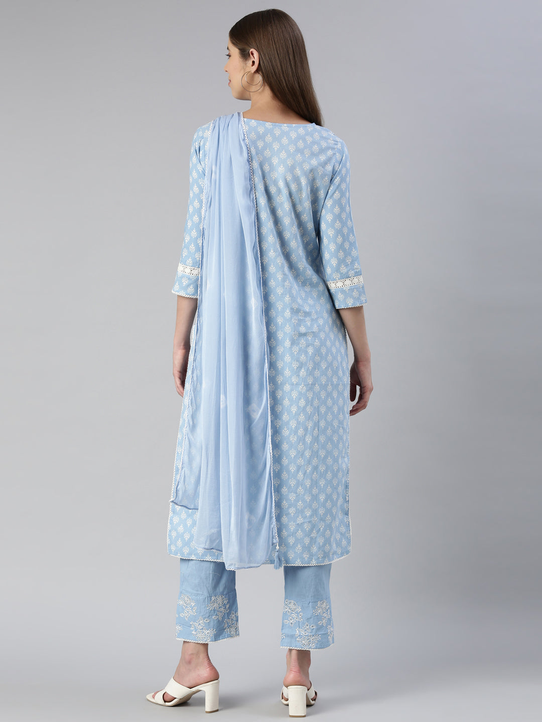 Neeru's Women Sky Blue Embroidered Calf Length Kurta And Trousers With Dupatta