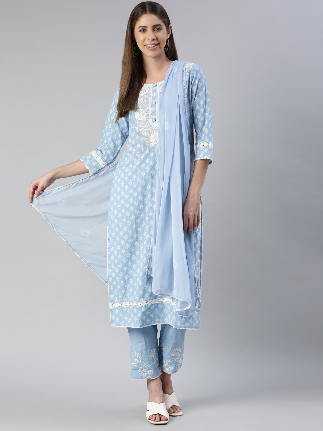 Neerus Blue embroidered kurta set with trouser and dupatta - detail view 2