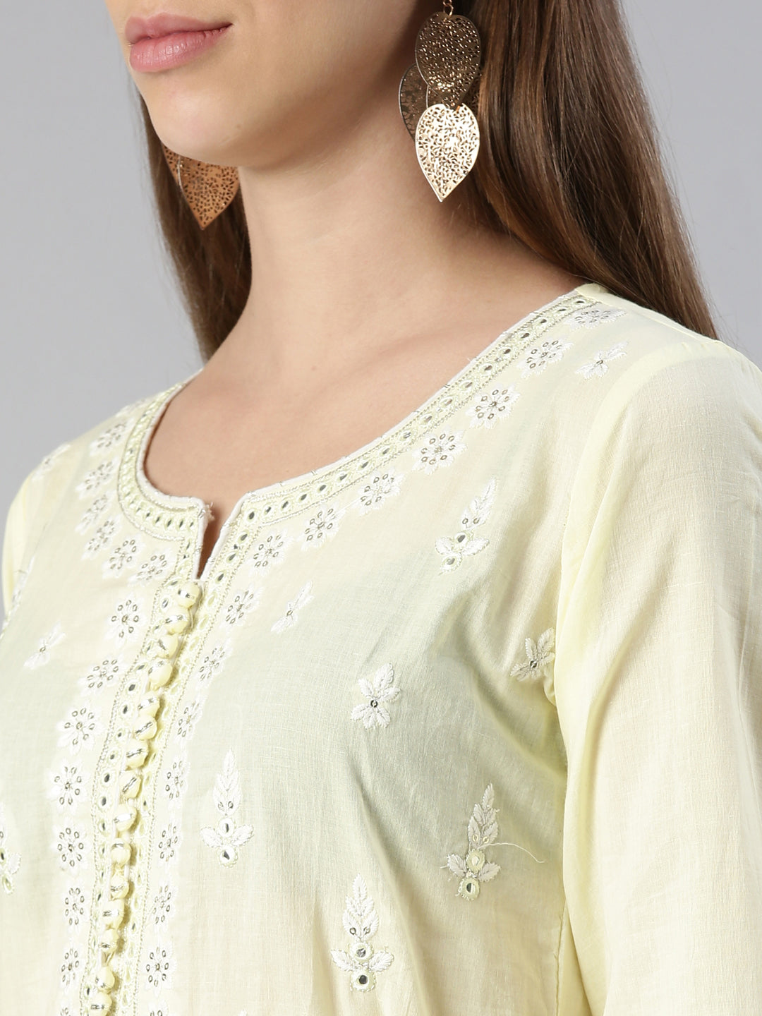 Neerus Yellow solid straight kurta set with trouser and dupatta - detail view 1