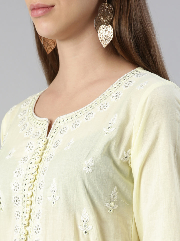 Neerus Yellow solid straight kurta set with trouser and dupatta - detail view 1