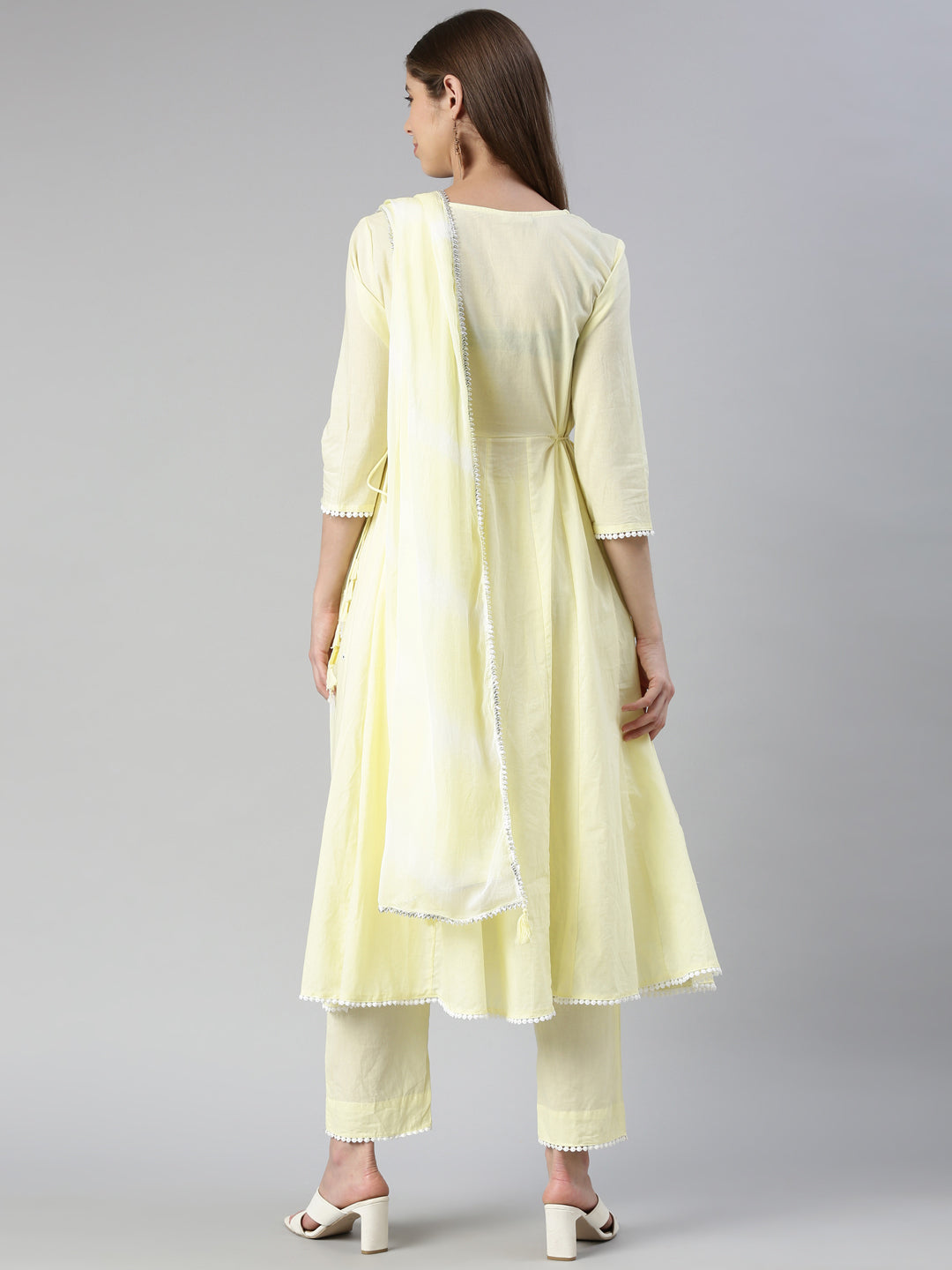 Neerus Women  Lemon Solid Calf Length Kurta And Trousers With Dupatta