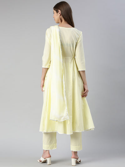 Neerus Women  Lemon Solid Calf Length Kurta And Trousers With Dupatta