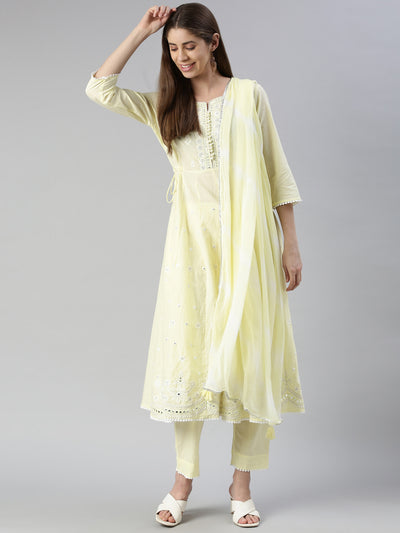 Neerus Women  Lemon Solid Calf Length Kurta And Trousers With Dupatta