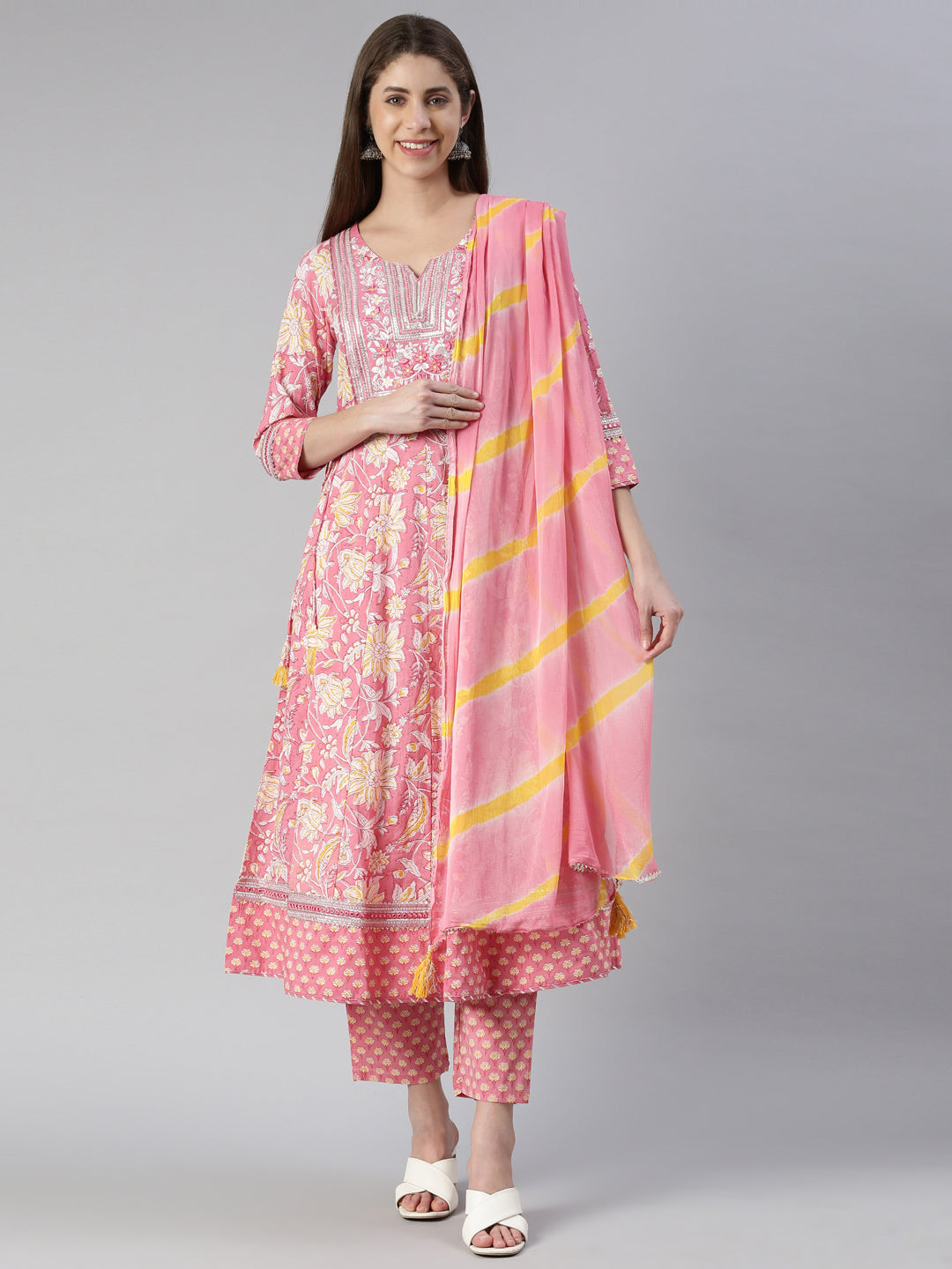 Neerus Pink printed straight suit set with dupatta - front view