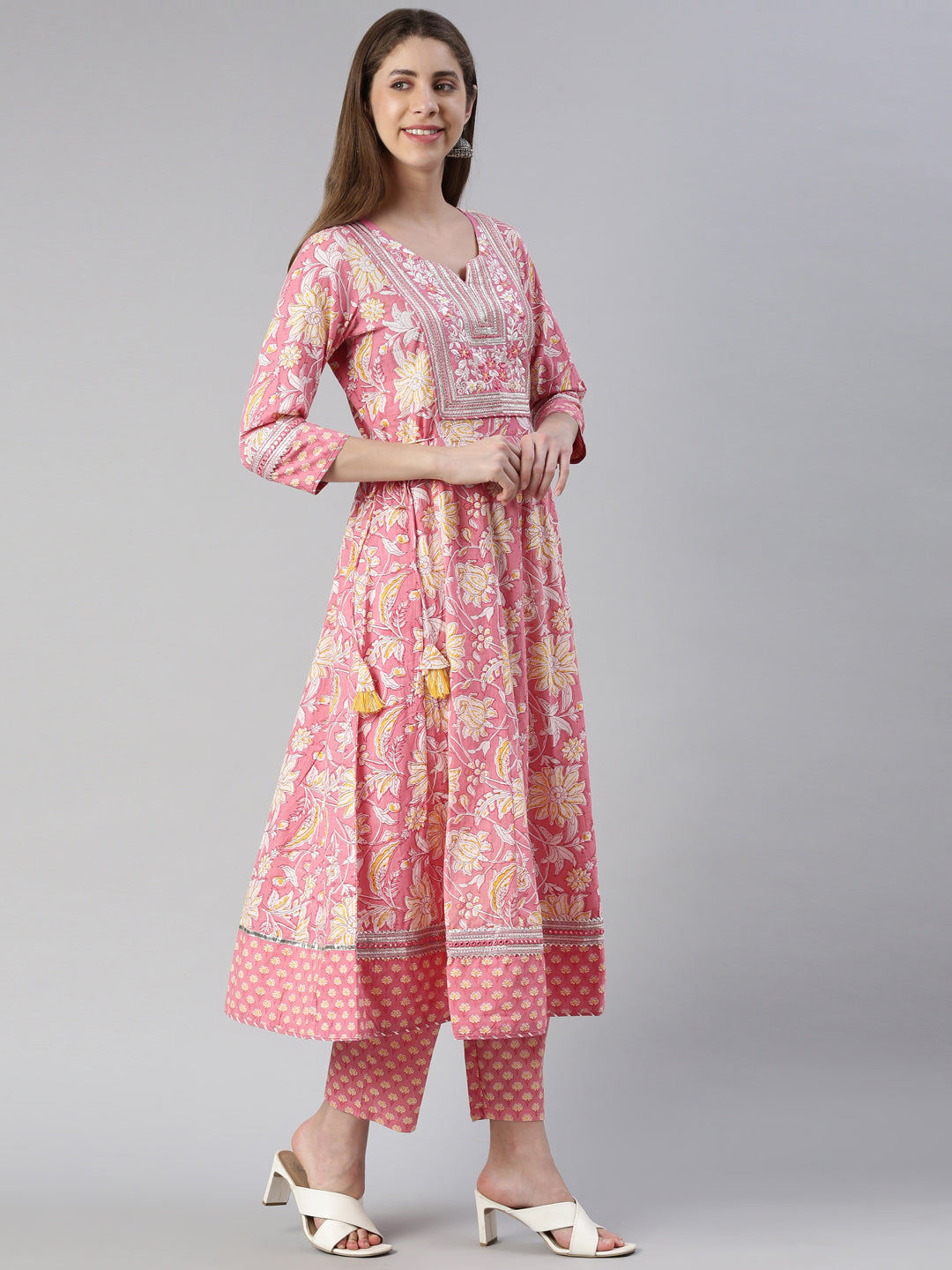 Neerus Pink printed straight suit set with dupatta - back view