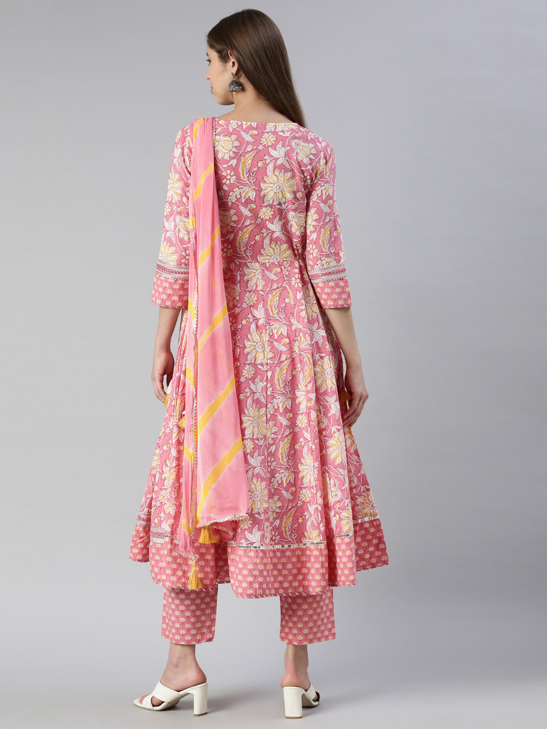 Neerus Pink printed straight suit set with dupatta - side view