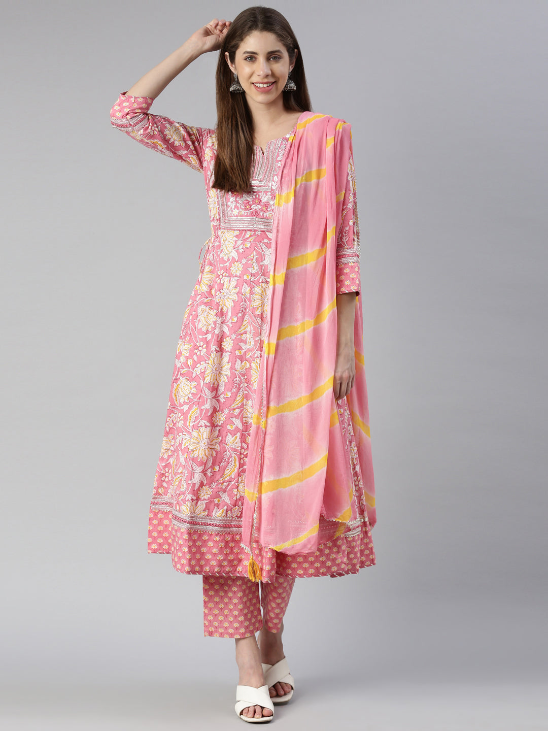 Neerus Pink printed straight suit set with dupatta - detail view 2