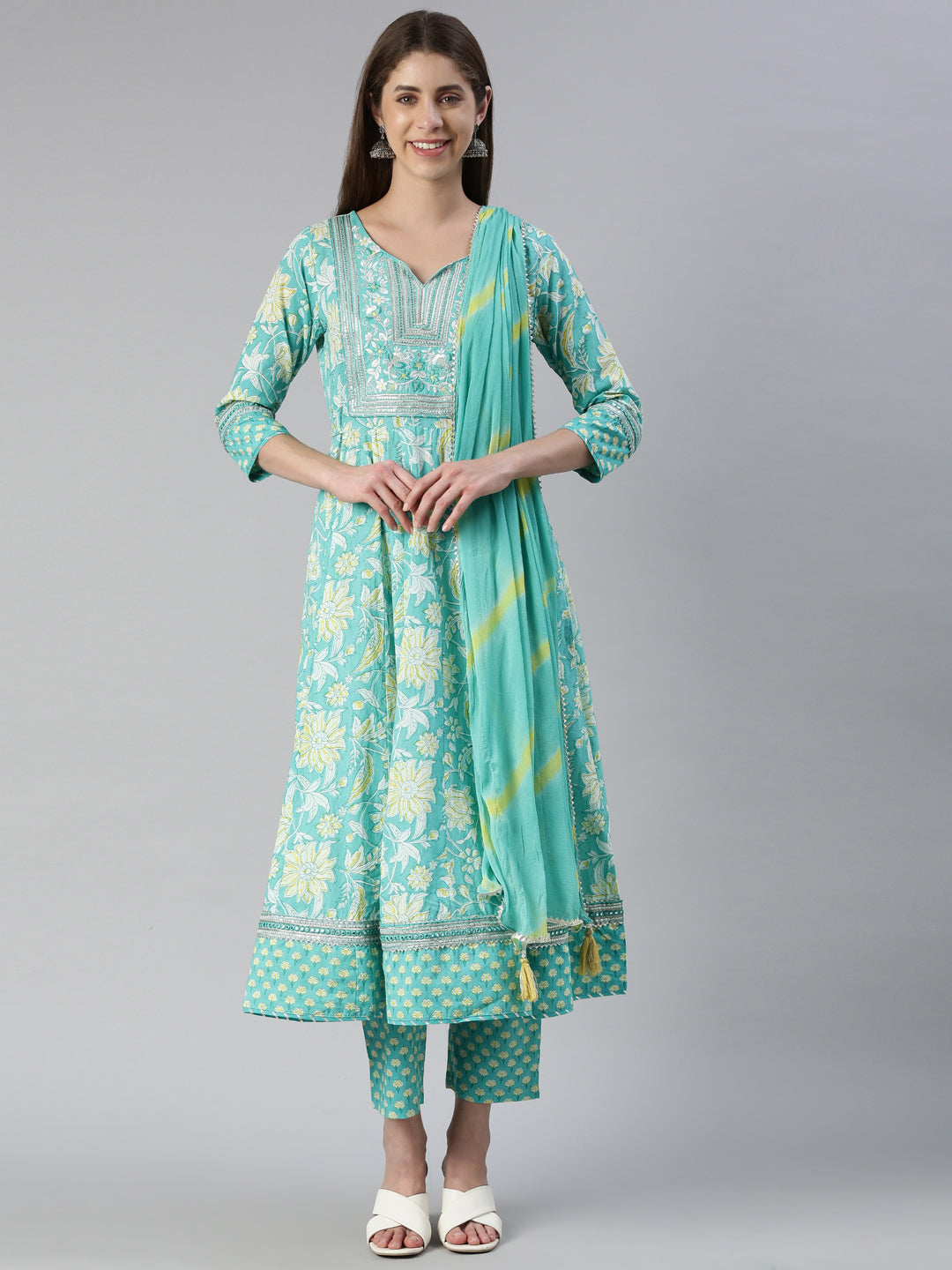 Neerus Green printed straight suit set with dupatta - front view