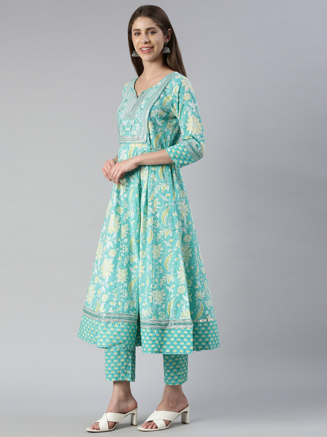 Neerus Green printed straight suit set with dupatta - back view