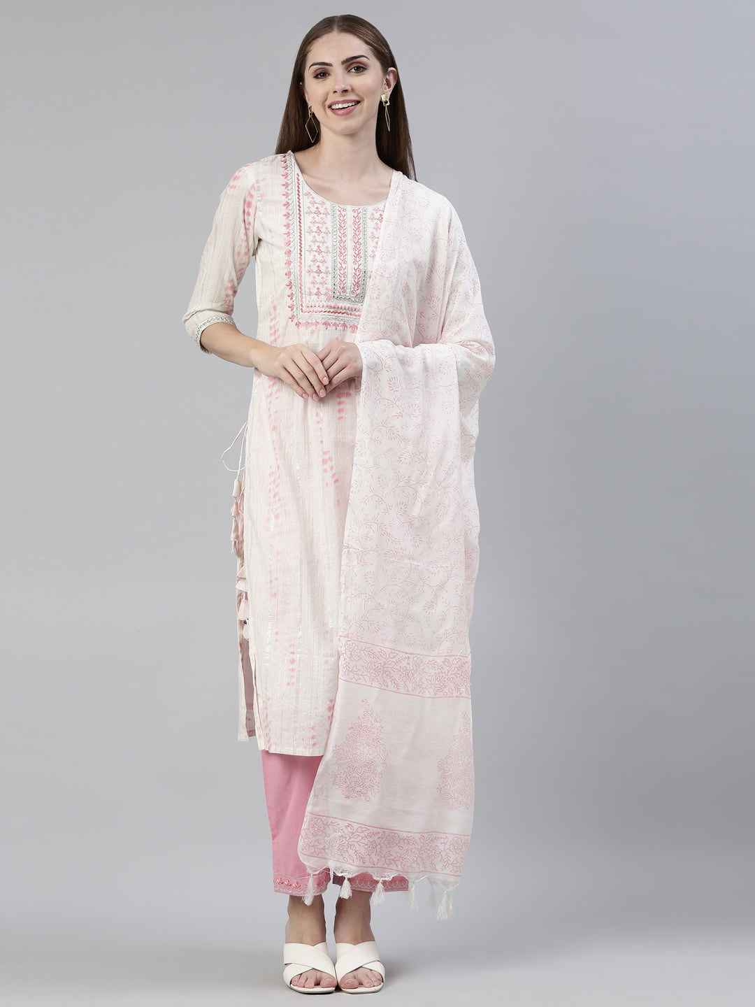 Neerus Pink cotton printed kurta set with trouser and dupatta - front view