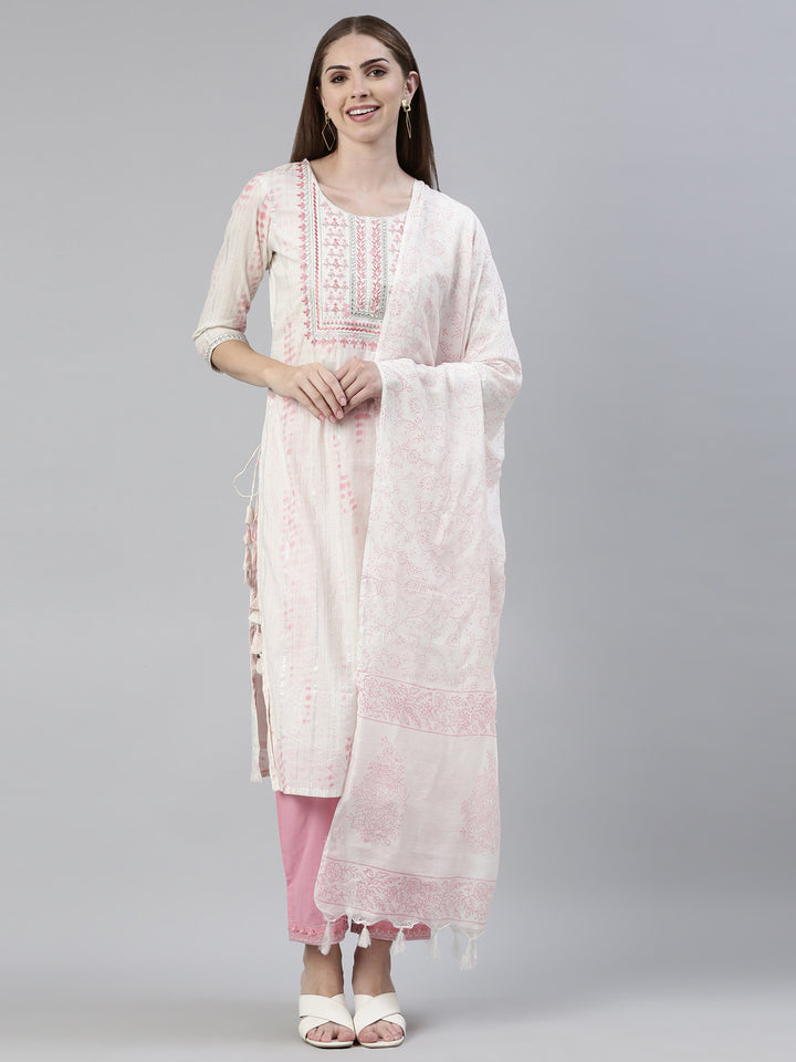Neerus Pink cotton printed kurta set with trouser and dupatta - front view