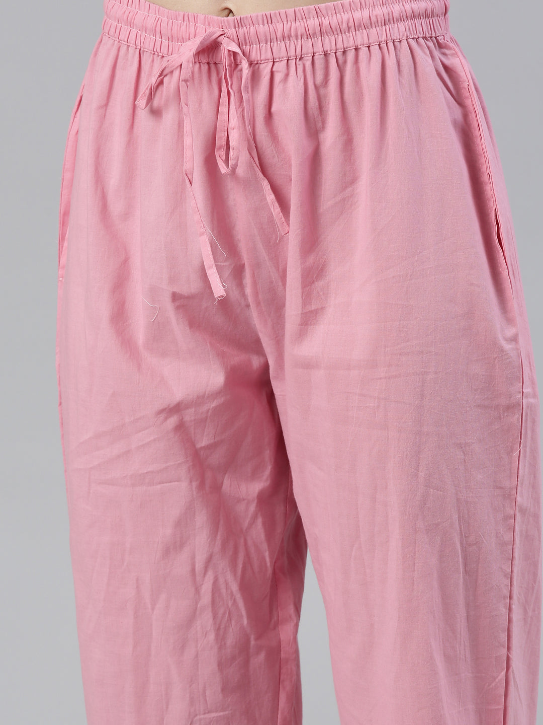 Neeru's Pink Regular Knee Length Printed Kurta Solid Trousers With Dupatta