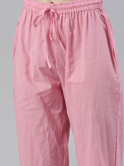 Neeru's Pink Regular Knee Length Printed Kurta Solid Trousers With Dupatta