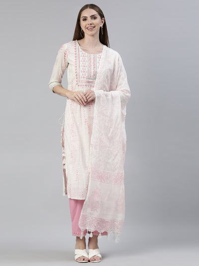 Neerus Pink Regular Knee Length Printed Kurta Solid Trousers With Dupatta