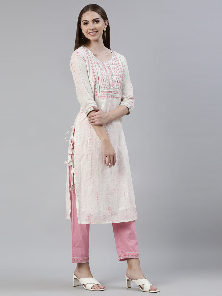 Neerus Pink cotton printed kurta set with trouser and dupatta - back view