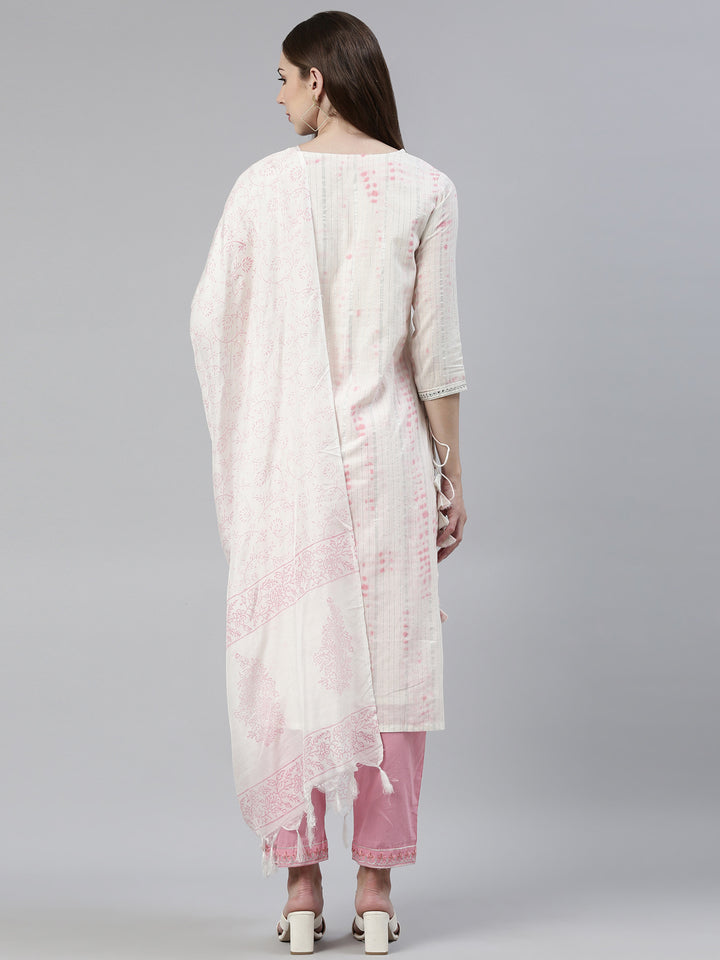 Neerus Pink cotton printed kurta set with trouser and dupatta - side view