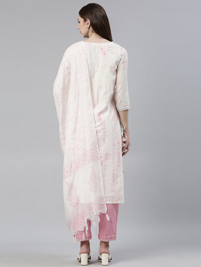 Neerus Pink Regular Knee Length Printed Kurta Solid Trousers With Dupatta