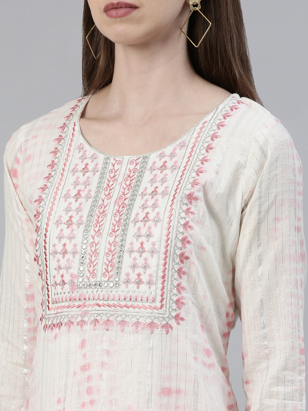 Neerus Pink cotton printed kurta set with trouser and dupatta - detail view 1