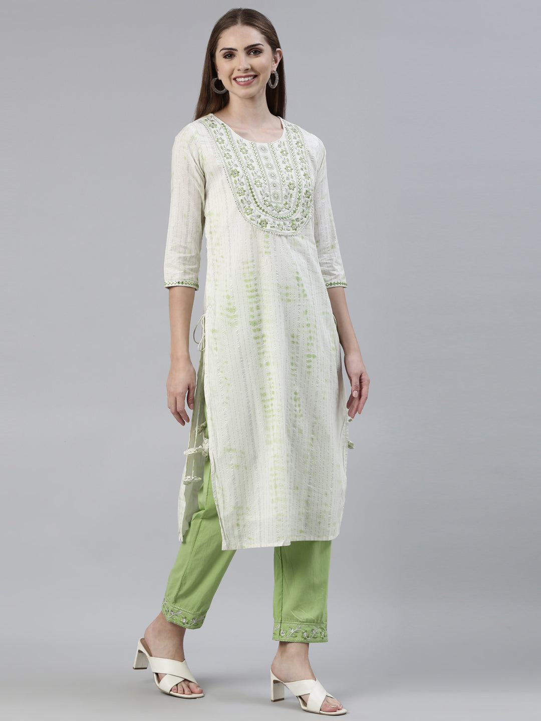 Neerus Green Regular Knee Length Printed Kurta Solid Trousers With Dupatta