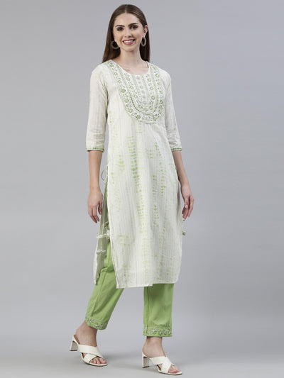 Neerus Green Regular Knee Length Printed Kurta Solid Trousers With Dupatta