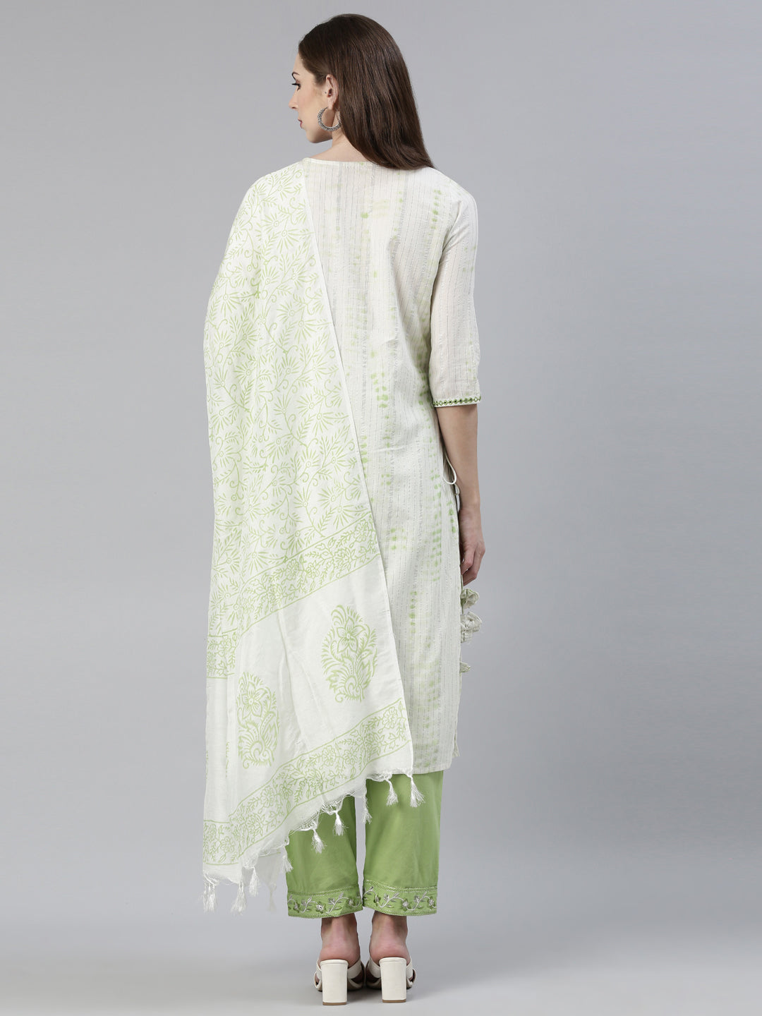 Neerus Green cotton printed kurta set with trouser and dupatta - side view