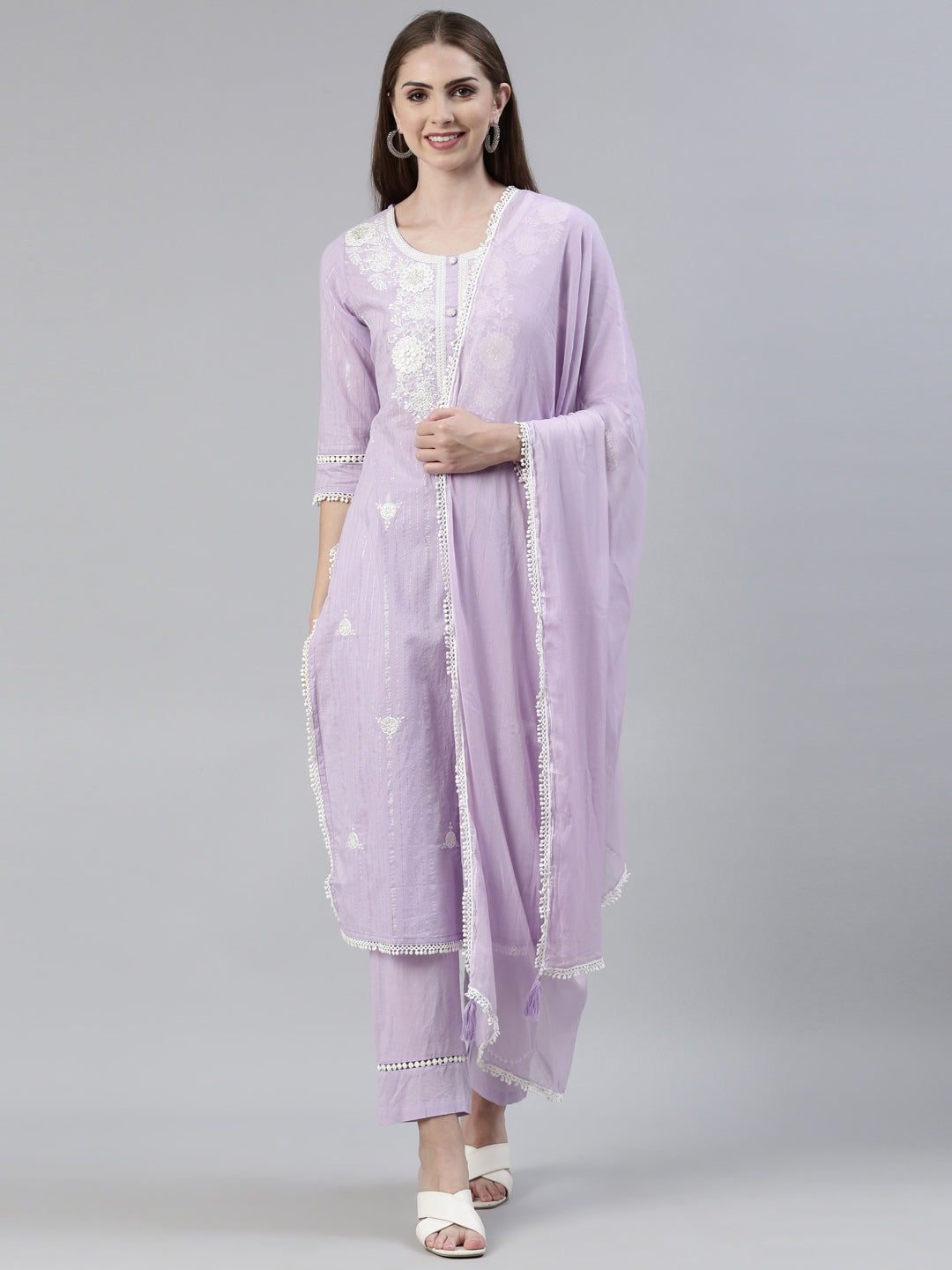 Neerus Purple cotton embroidered kurta set - front view