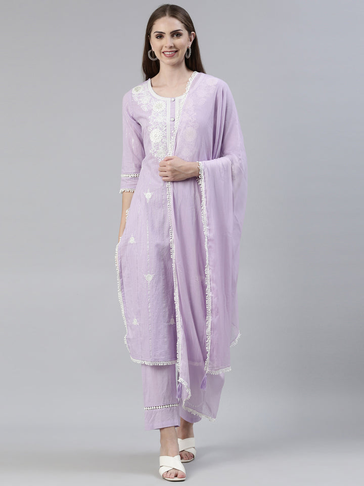 Neerus Purple cotton embroidered kurta set - front view