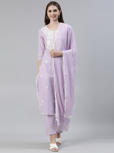 Neerus Purple Regular Knee Length Embroidered Kurta Solid Trousers With Dupatta