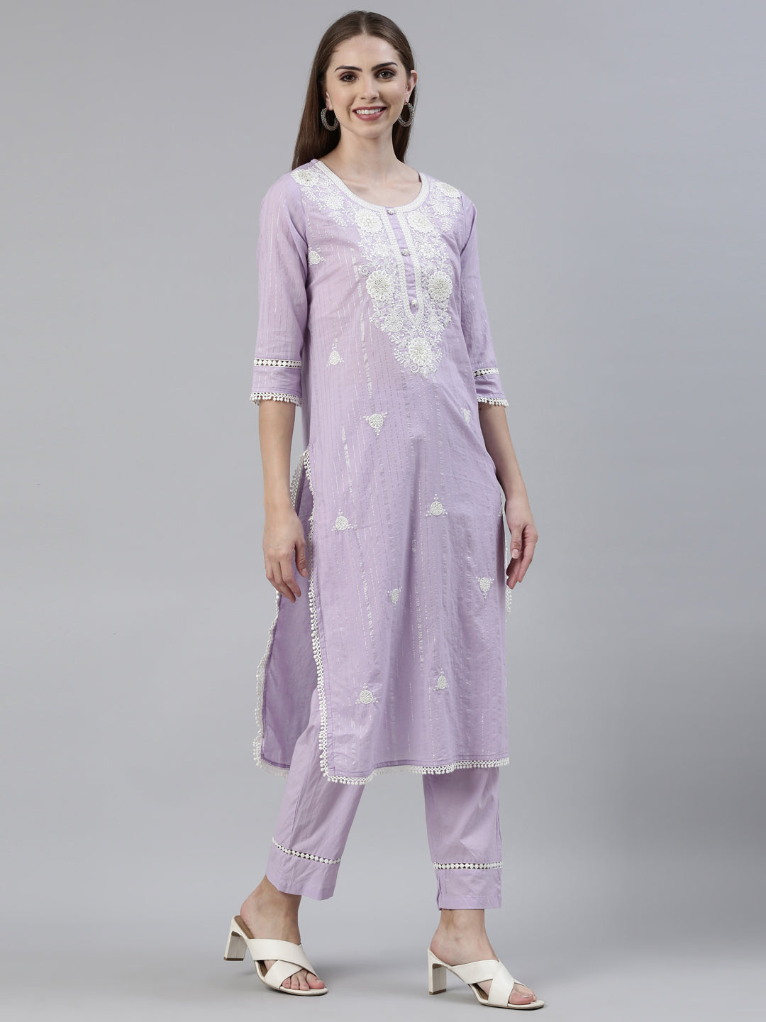 Neerus Purple cotton embroidered kurta set - back view