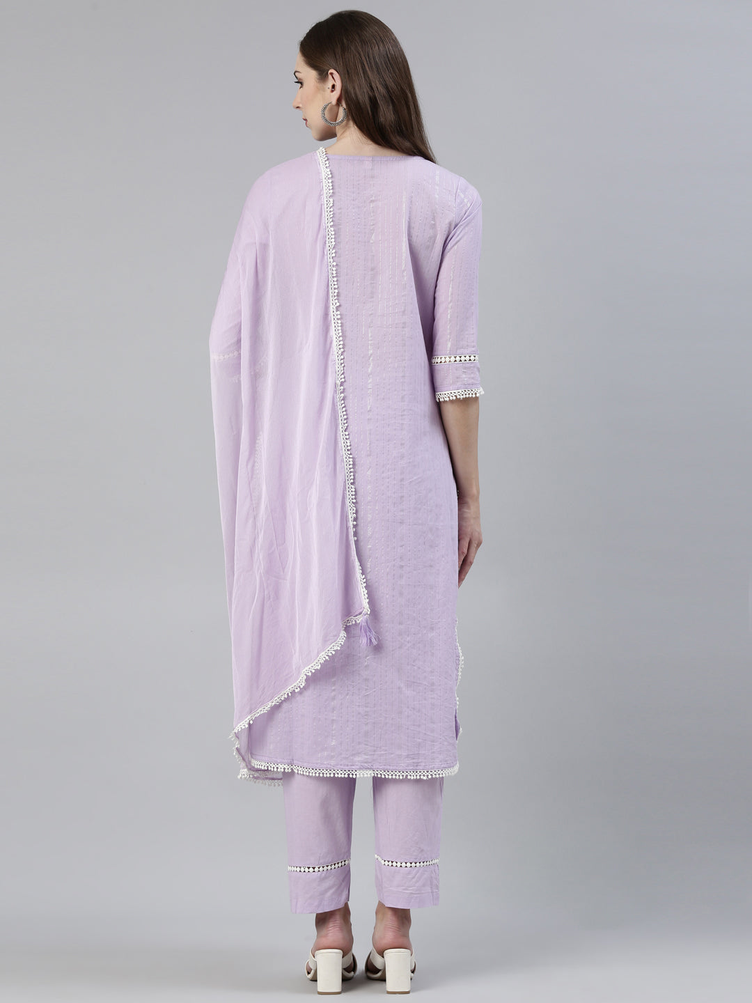 Neerus Purple Regular Knee Length Embroidered Kurta Solid Trousers With Dupatta