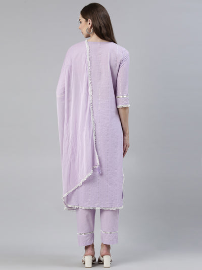 Neerus Purple Regular Knee Length Embroidered Kurta Solid Trousers With Dupatta