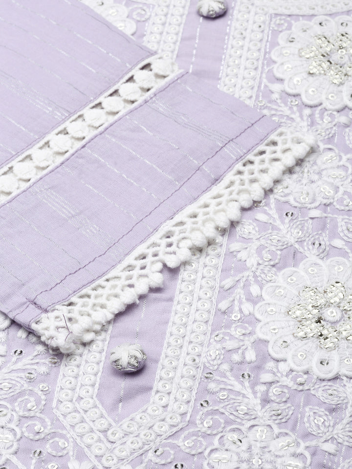 Neerus Purple cotton embroidered kurta set - detail view 2