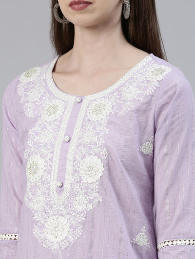 Neerus Purple Regular Knee Length Embroidered Kurta Solid Trousers With Dupatta