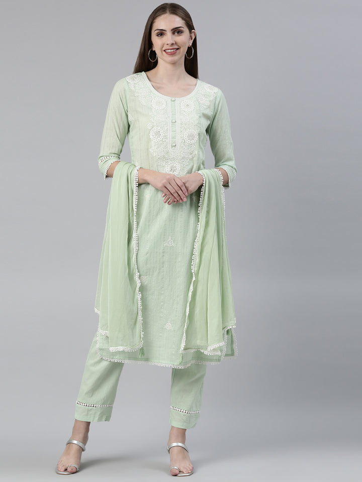 Neerus Green Regular Knee Length Embroidered Kurta Solid Trousers With Dupatta