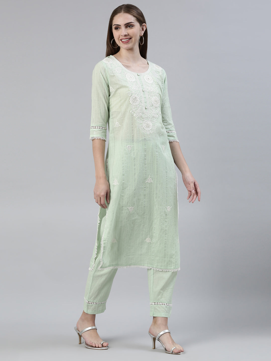 Neerus Green Regular Knee Length Embroidered Kurta Solid Trousers With Dupatta