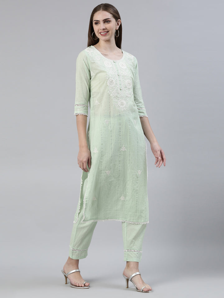 Neerus Green Regular Knee Length Embroidered Kurta Solid Trousers With Dupatta