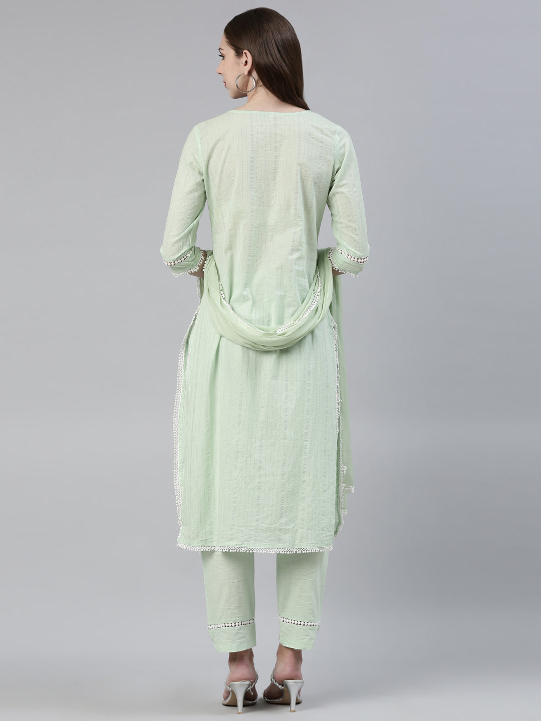 Neerus Green Regular Knee Length Embroidered Kurta Solid Trousers With Dupatta