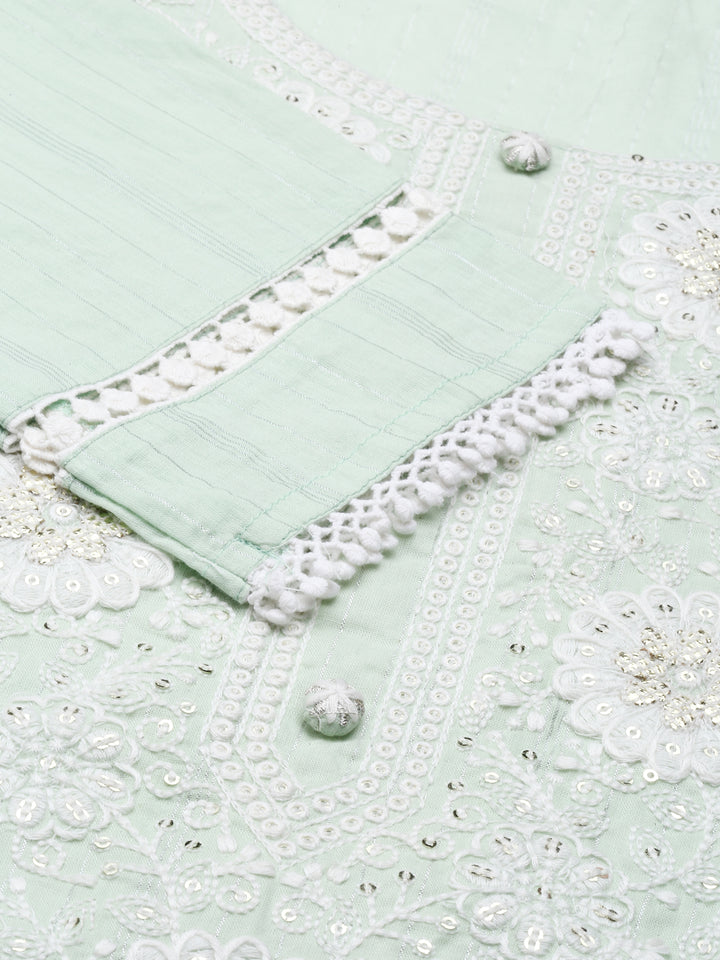 Neerus Green Regular Knee Length Embroidered Kurta Solid Trousers With Dupatta