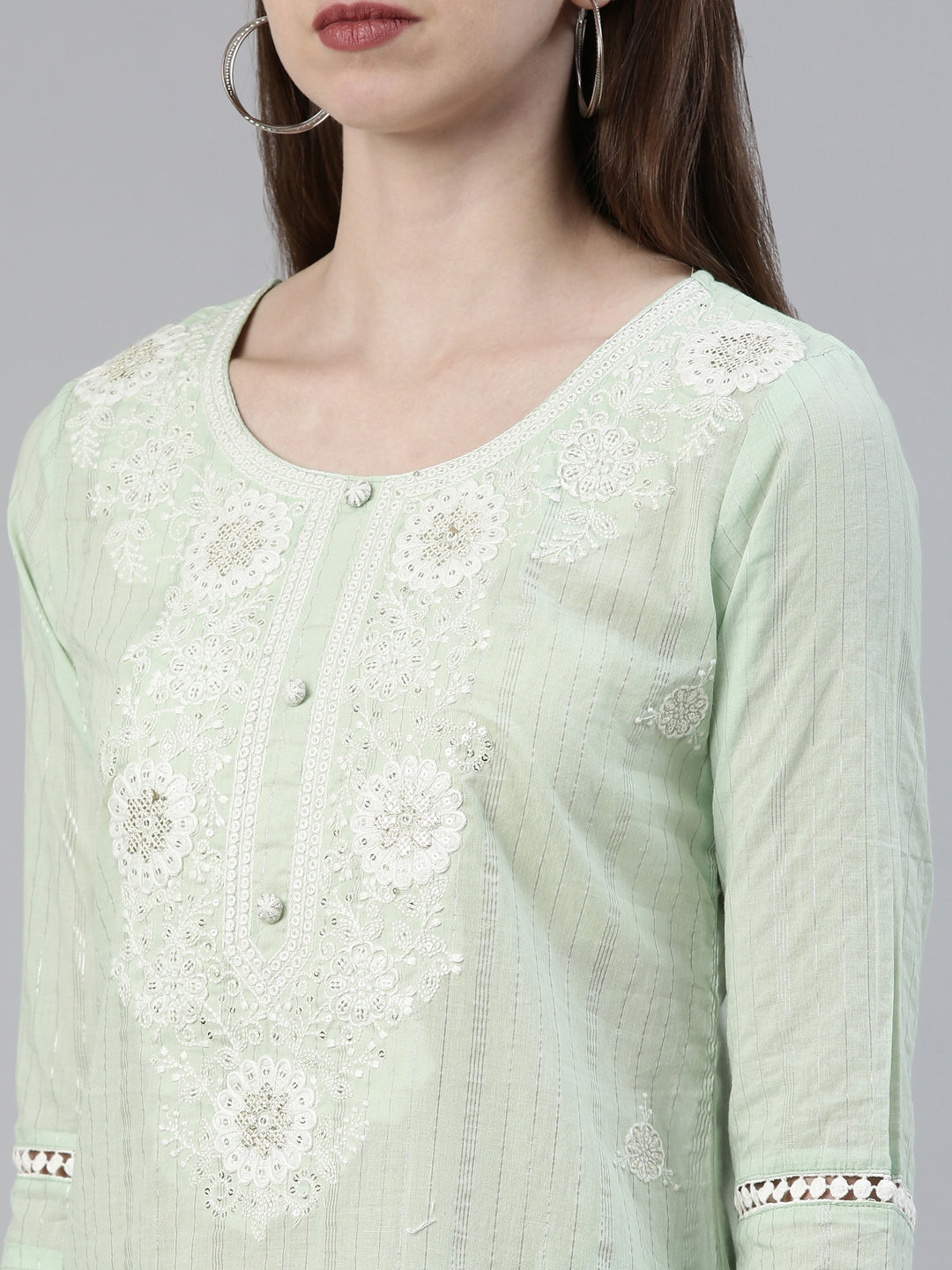 Neerus Green Regular Knee Length Embroidered Kurta Solid Trousers With Dupatta