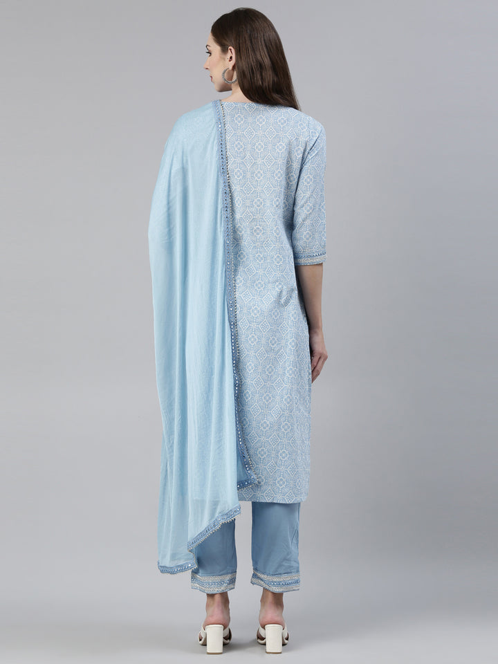 Neerus Blue Regular Knee Length Printed Readymade Suits