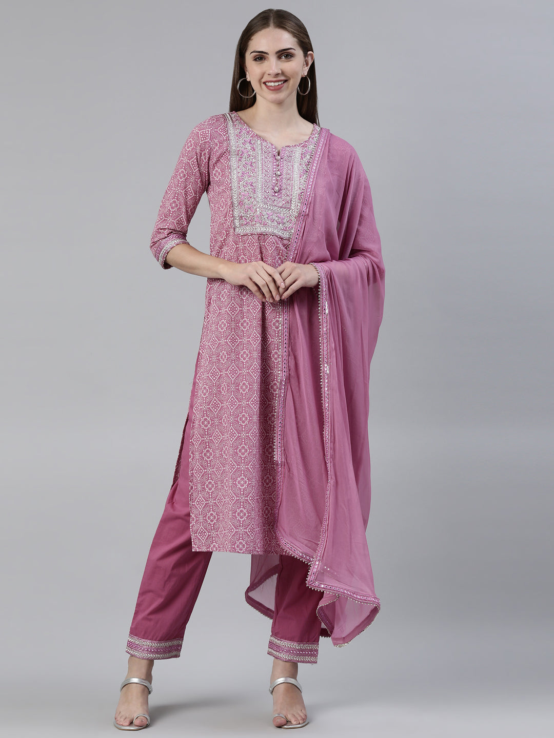 Neerus Purple cotton printed kurta set with trouser and dupatta - front view