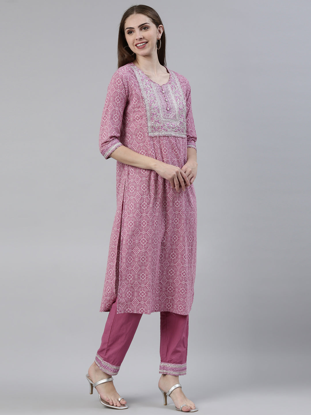 Neerus Purple cotton printed kurta set with trouser and dupatta - back view