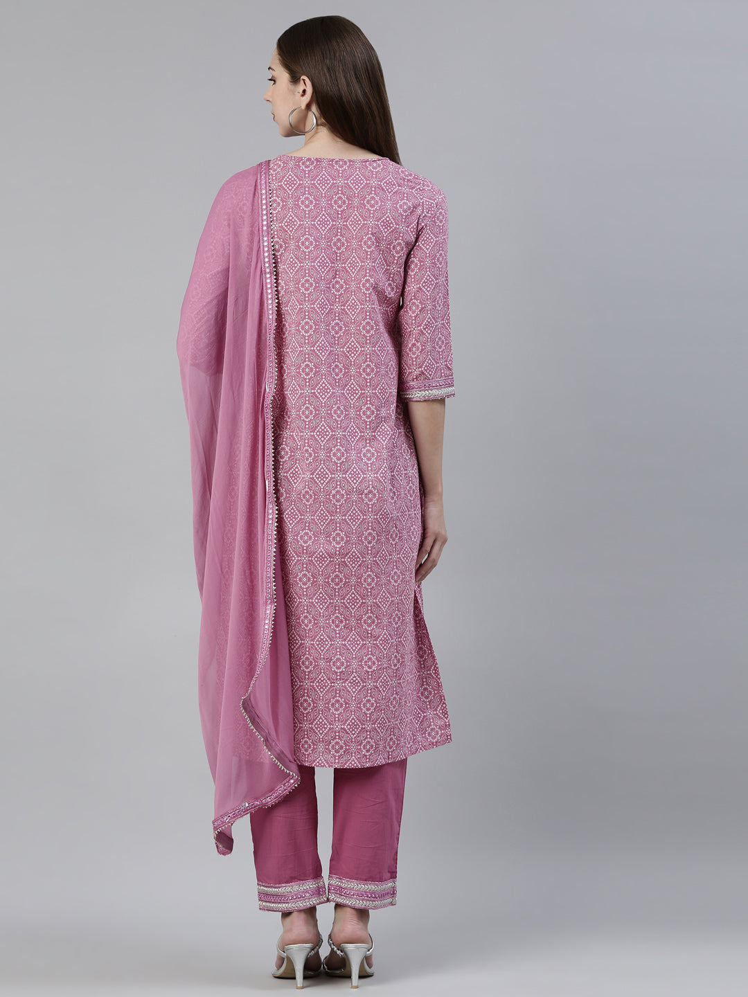 Neerus Purple cotton printed kurta set with trouser and dupatta - side view